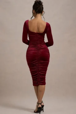 Seductress | Berry Velvet Square Neck Bodycon Midi Dress With Long Sleeves