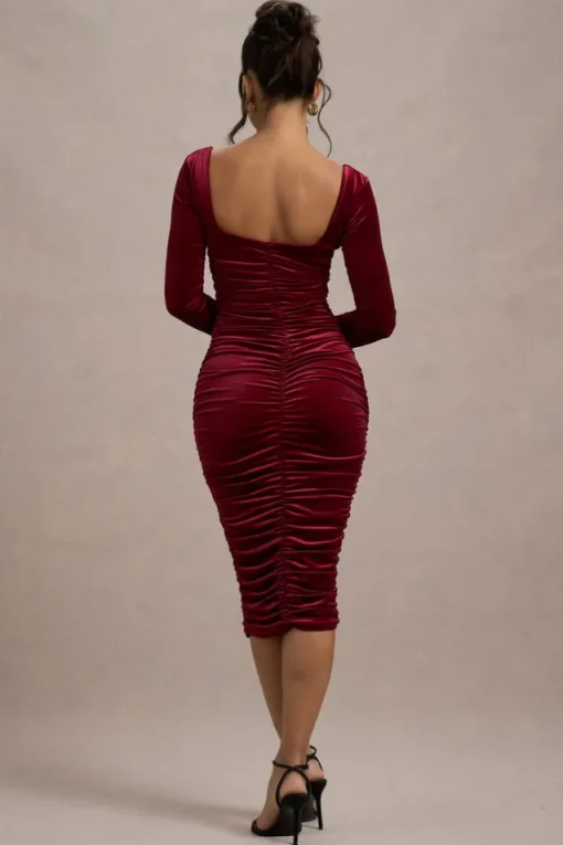 Seductress | Berry Velvet Square Neck Bodycon Midi Dress With Long Sleeves
