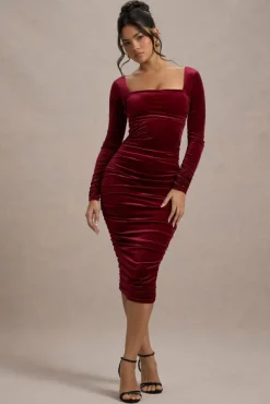 Seductress | Berry Velvet Square Neck Bodycon Midi Dress With Long Sleeves