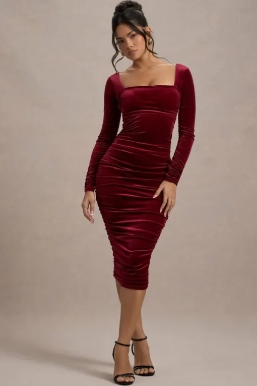 Seductress | Berry Velvet Square Neck Bodycon Midi Dress With Long Sleeves