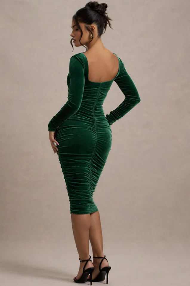 Seductress | Bottle Green Velvet Square Neck Bodycon Midi Dress With Long Sleeves