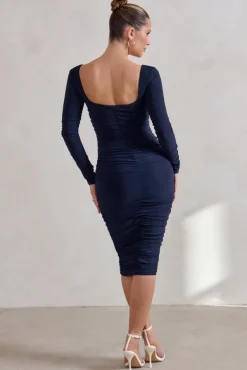 Seductress | Navy Long Sleeve Square Neck Ruched Midi Dress