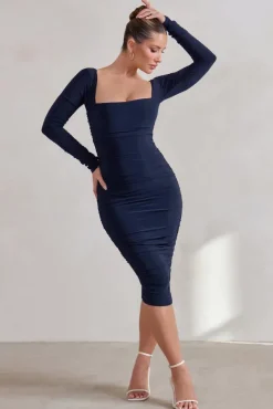 Seductress | Navy Long Sleeve Square Neck Ruched Midi Dress