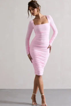 Seductress | Pink Long Sleeve Square Neck Ruched Midi Dress