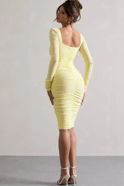 Seductress | Yellow Long Sleeve Square Neck Ruched Midi Dress