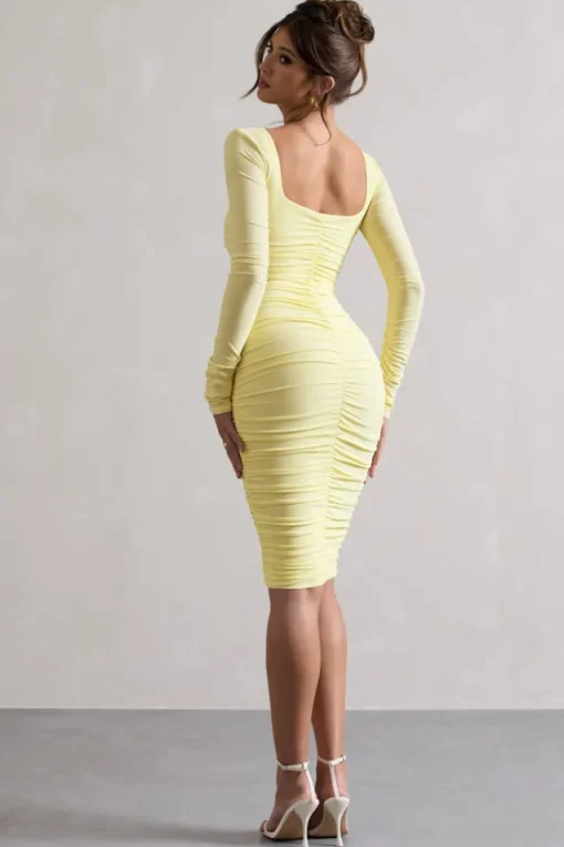 Seductress | Yellow Long Sleeve Square Neck Ruched Midi Dress