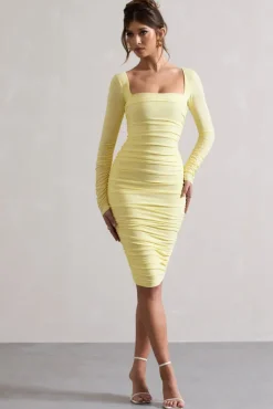 Seductress | Yellow Long Sleeve Square Neck Ruched Midi Dress