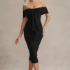 Selbie | Black Bardot Midi Dress With Drape