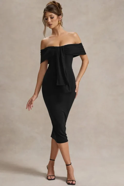 Selbie | Black Bardot Midi Dress With Drape