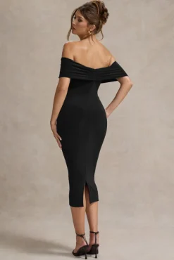 Selbie | Black Bardot Midi Dress With Drape