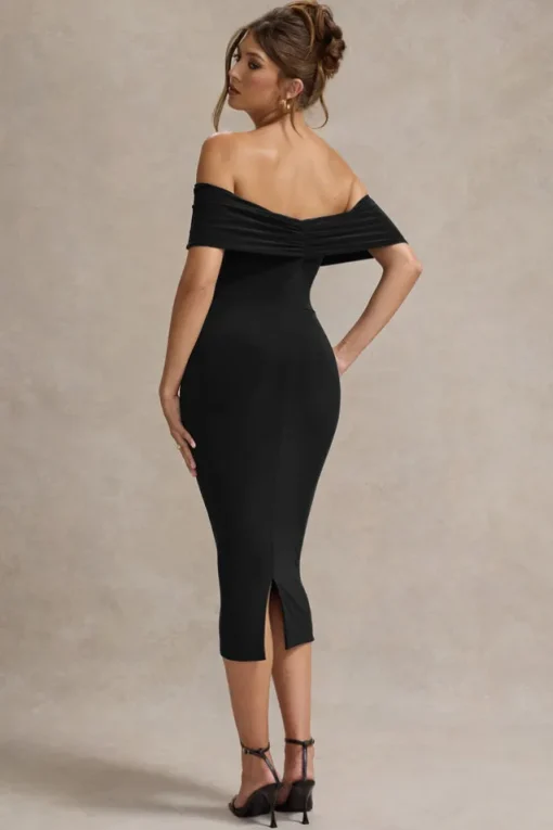 Selbie | Black Bardot Midi Dress With Drape