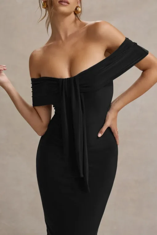 Selbie | Black Bardot Midi Dress With Drape