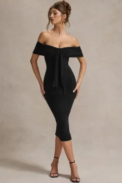 Selbie | Black Bardot Midi Dress With Drape