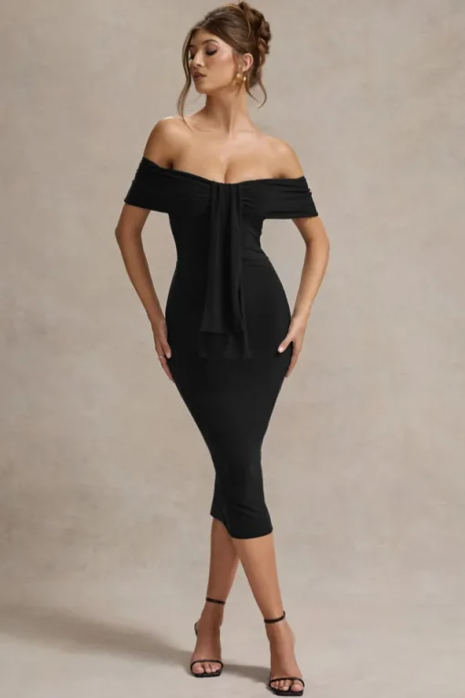 Selbie | Black Bardot Midi Dress With Drape