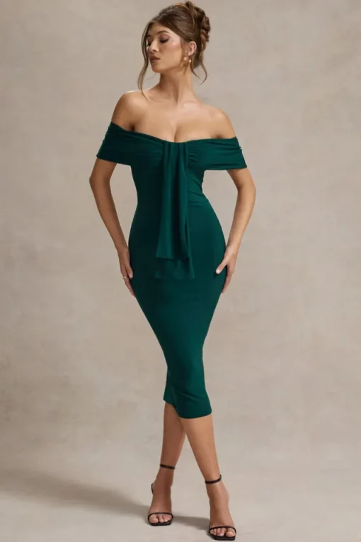 Selbie | Bottle Green Bardot Midi Dress With Drape