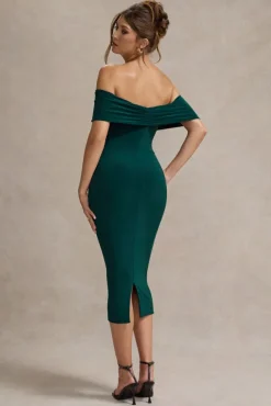 Selbie | Bottle Green Bardot Midi Dress With Drape