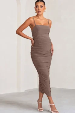 Sentimental | Mocha Maternity Midi Dress with Cami Straps and Ruching