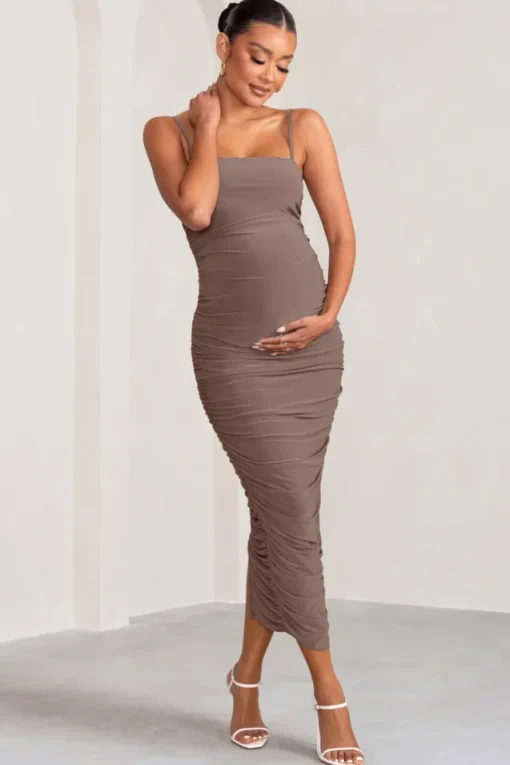 Sentimental | Mocha Maternity Midi Dress with Cami Straps and Ruching