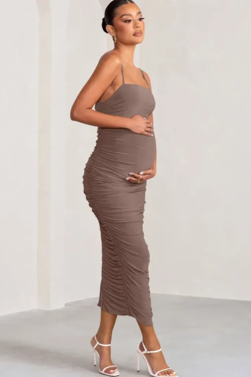 Sentimental | Mocha Maternity Midi Dress with Cami Straps and Ruching