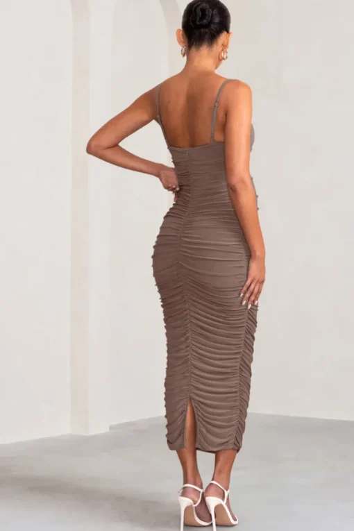 Sentimental | Mocha Maternity Midi Dress with Cami Straps and Ruching