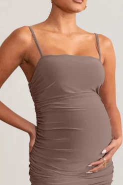 Sentimental | Mocha Maternity Midi Dress with Cami Straps and Ruching