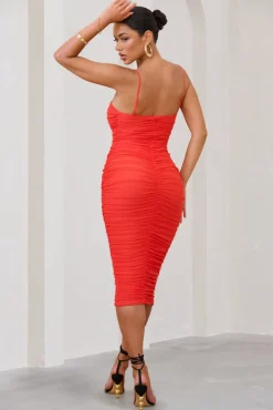 Sentimental | Orange Ruched Mesh Cami Midi Dress