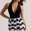 Serenade | Black u0026 White Plunge Halter-Neck Mini Dress With Flowers