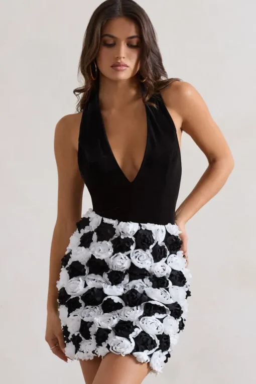 Serenade | Black u0026 White Plunge Halter-Neck Mini Dress With Flowers