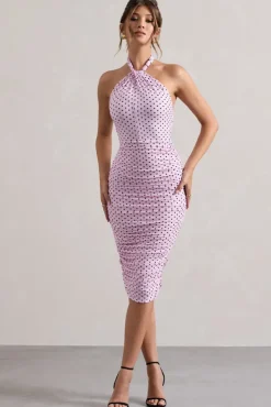 Serendipity | Pink Polka Dot Halter Neck Ruched Midi Dress