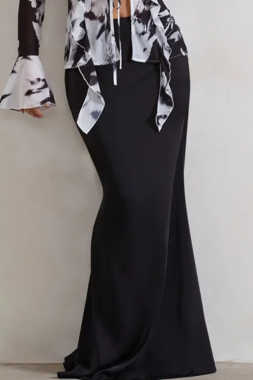 Serita | Black Satin Split Maxi Skirt