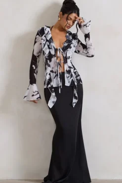 Serita | Black Satin Split Maxi Skirt