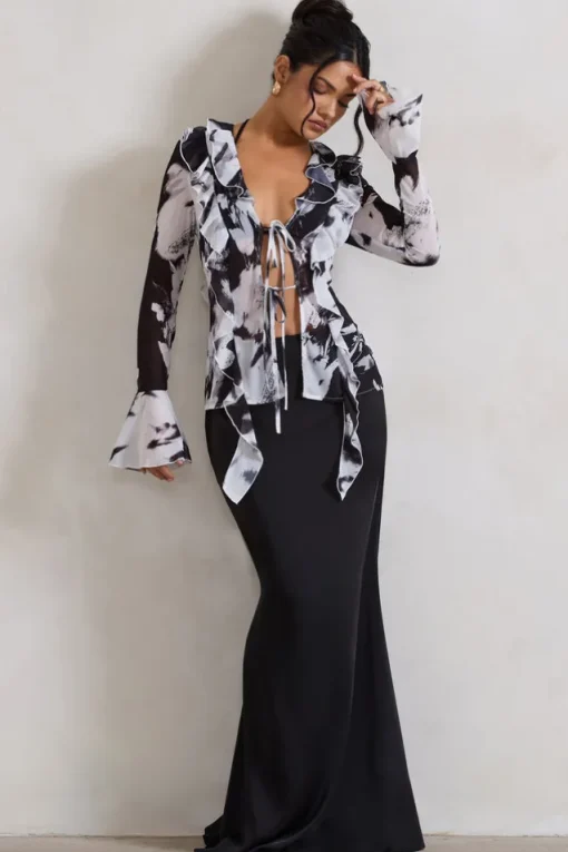 Serita | Black Satin Split Maxi Skirt