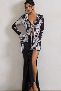 Serita | Black Satin Split Maxi Skirt