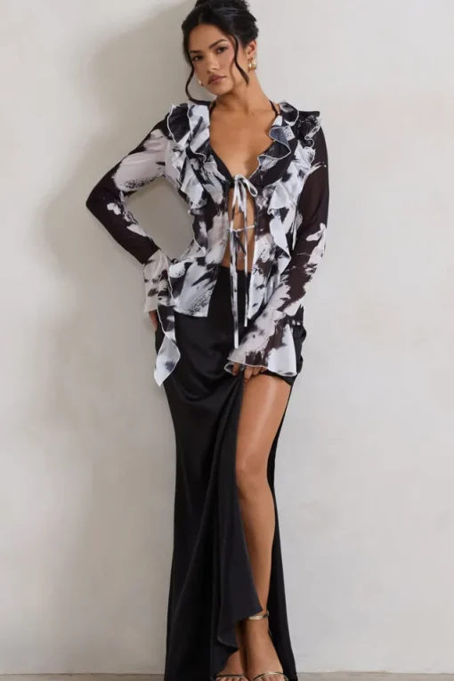 Serita | Black Satin Split Maxi Skirt