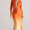 Serita | Orange Ombre Satin Split Maxi Skirt