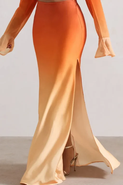 Serita | Orange Ombre Satin Split Maxi Skirt