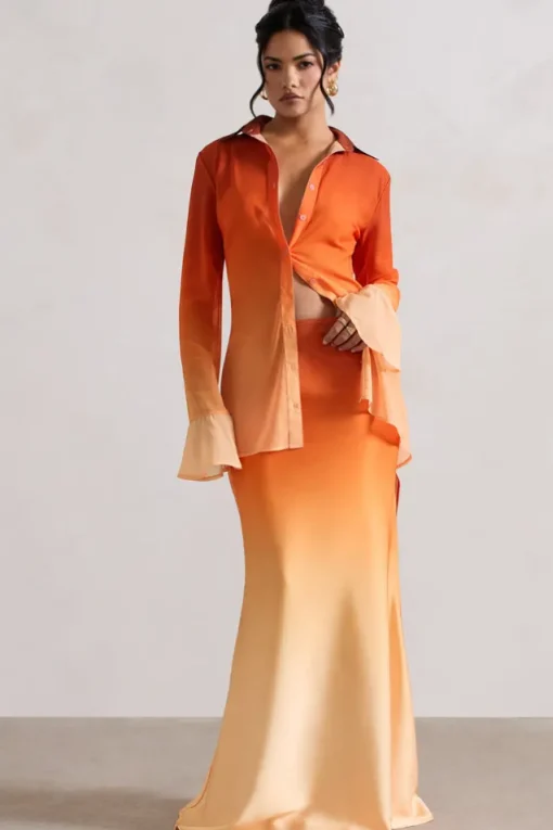 Serita | Orange Ombre Satin Split Maxi Skirt