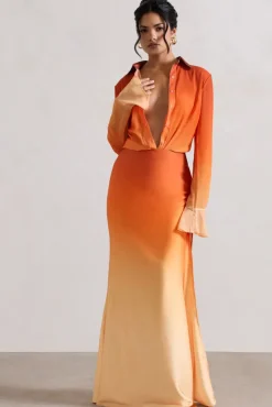 Serita | Orange Ombre Satin Split Maxi Skirt