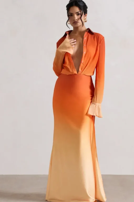 Serita | Orange Ombre Satin Split Maxi Skirt