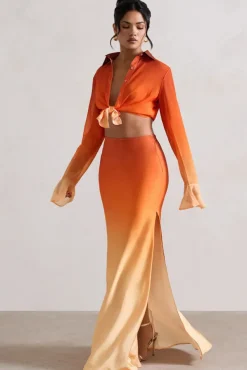 Serita | Orange Ombre Satin Split Maxi Skirt