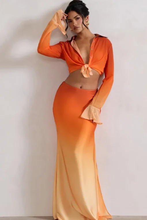 Serita | Orange Ombre Satin Split Maxi Skirt