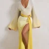 Serita | Yellow Ombre Satin Split Maxi Skirt