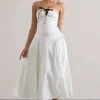 Serrenti | White Poplin Strapless Lace Detail Midi Dress With Volume Skirt