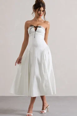 Serrenti | White Poplin Strapless Lace Detail Midi Dress With Volume Skirt
