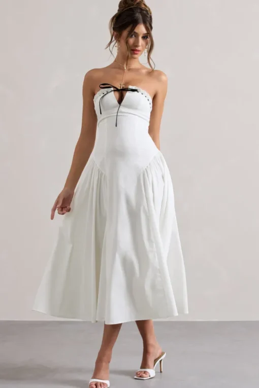 Serrenti | White Poplin Strapless Lace Detail Midi Dress With Volume Skirt