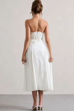 Serrenti | White Poplin Strapless Lace Detail Midi Dress With Volume Skirt