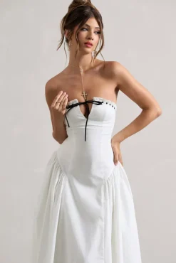 Serrenti | White Poplin Strapless Lace Detail Midi Dress With Volume Skirt