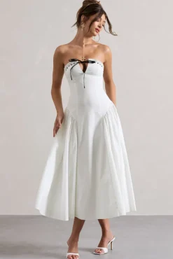 Serrenti | White Poplin Strapless Lace Detail Midi Dress With Volume Skirt