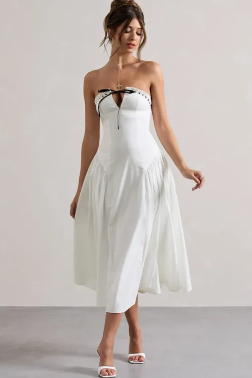 Serrenti | White Poplin Strapless Lace Detail Midi Dress With Volume Skirt