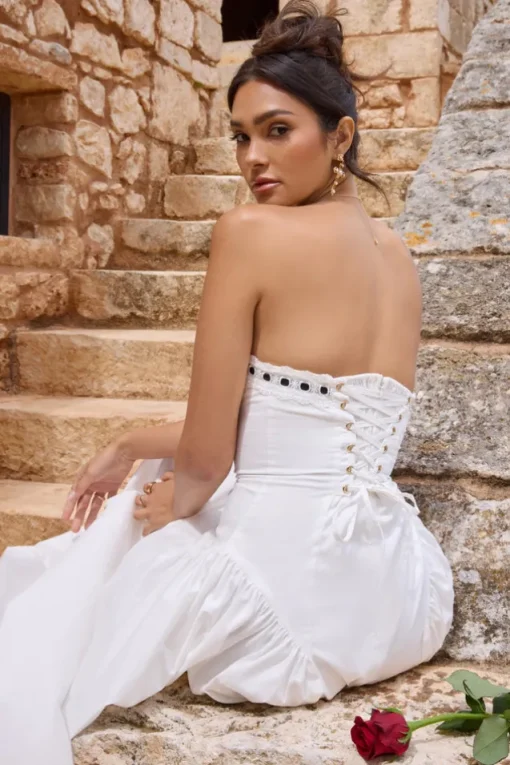 Serrenti | White Poplin Strapless Lace Detail Midi Dress With Volume Skirt